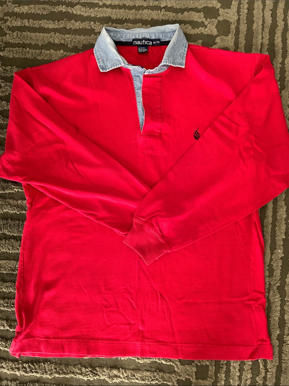 Nautica Men’s Bright Red Long-Sleeve Rugby with Light Denim Collar